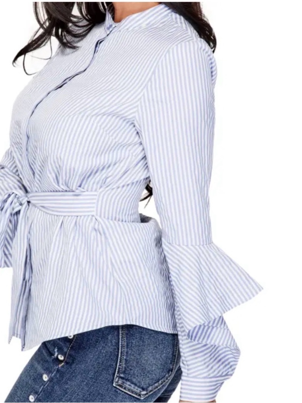 Guess Long Sleeve Blue & White Striped Button Up Blouse L - Picture 11 of 11